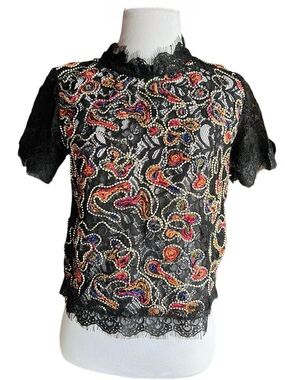 🆕 ‼️ ZARA Short Sleeve Sheer Lace Embroidered Bead Top‼️
